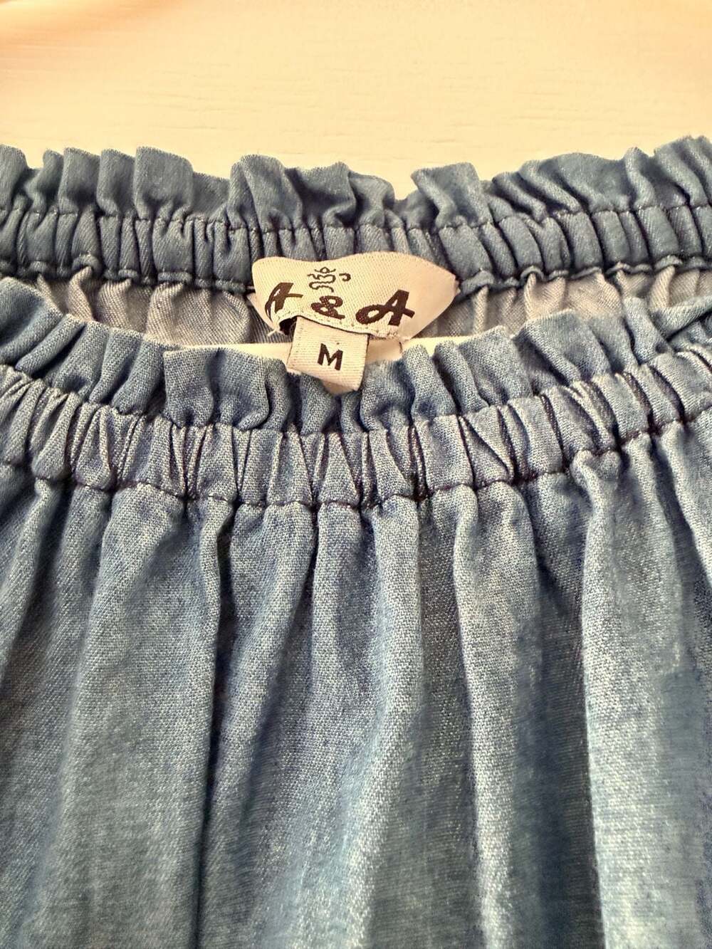 A&A Boho Off-The-Shoulder Embroidered Chambray Bell Sleeve Dress - Picture 4 of 5
